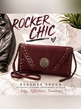 Elliott Lucca Studded Leather Crossbody Clutch Bag – Burgundy Oxblood